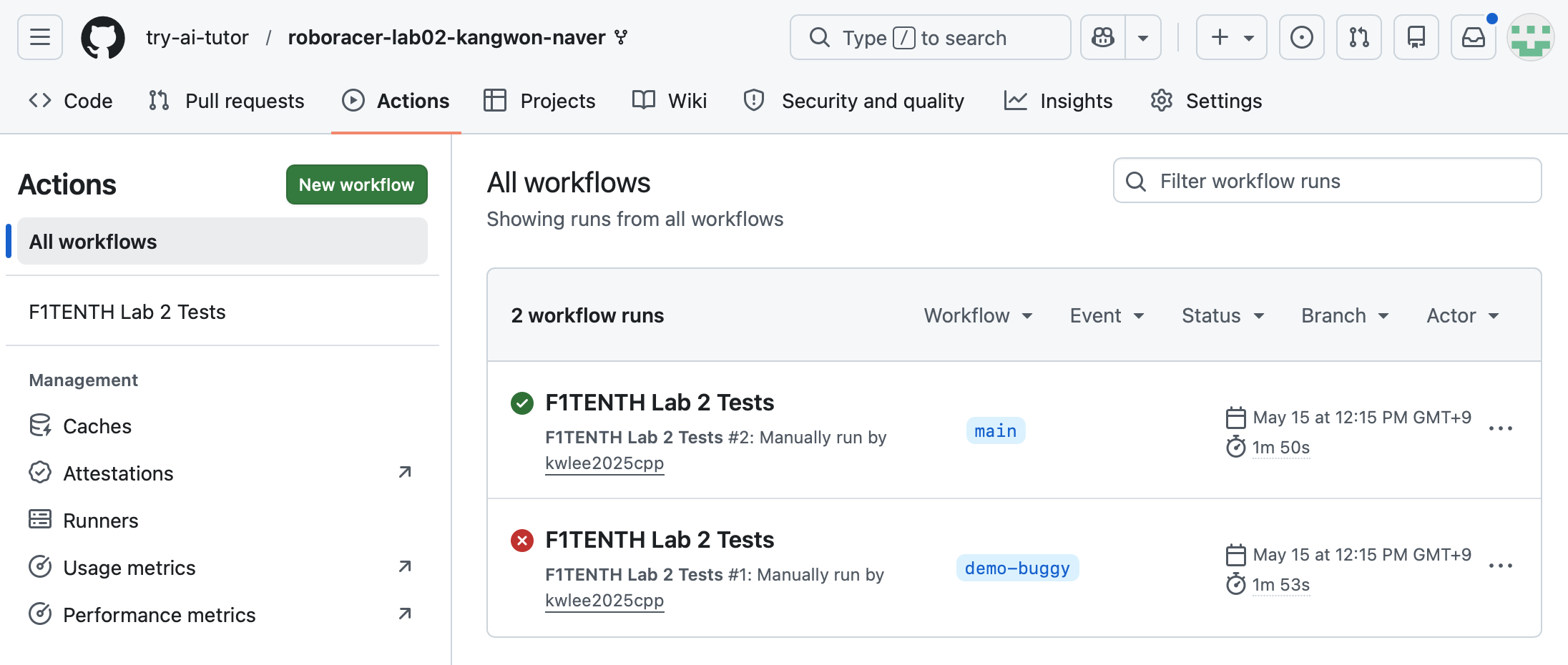 Two consecutive runs of the F1TENTH Lab 2 Tests workflow in the GitHub Actions tab: a green-checkmark run from the main branch (1m 50s) and a red-X run from a deliberately buggy branch (1m 53s).